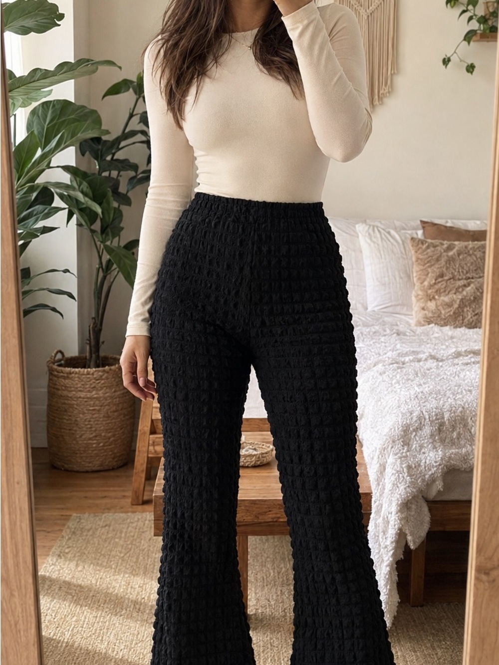 Vogue Black High-Waist Textured Flare Pants